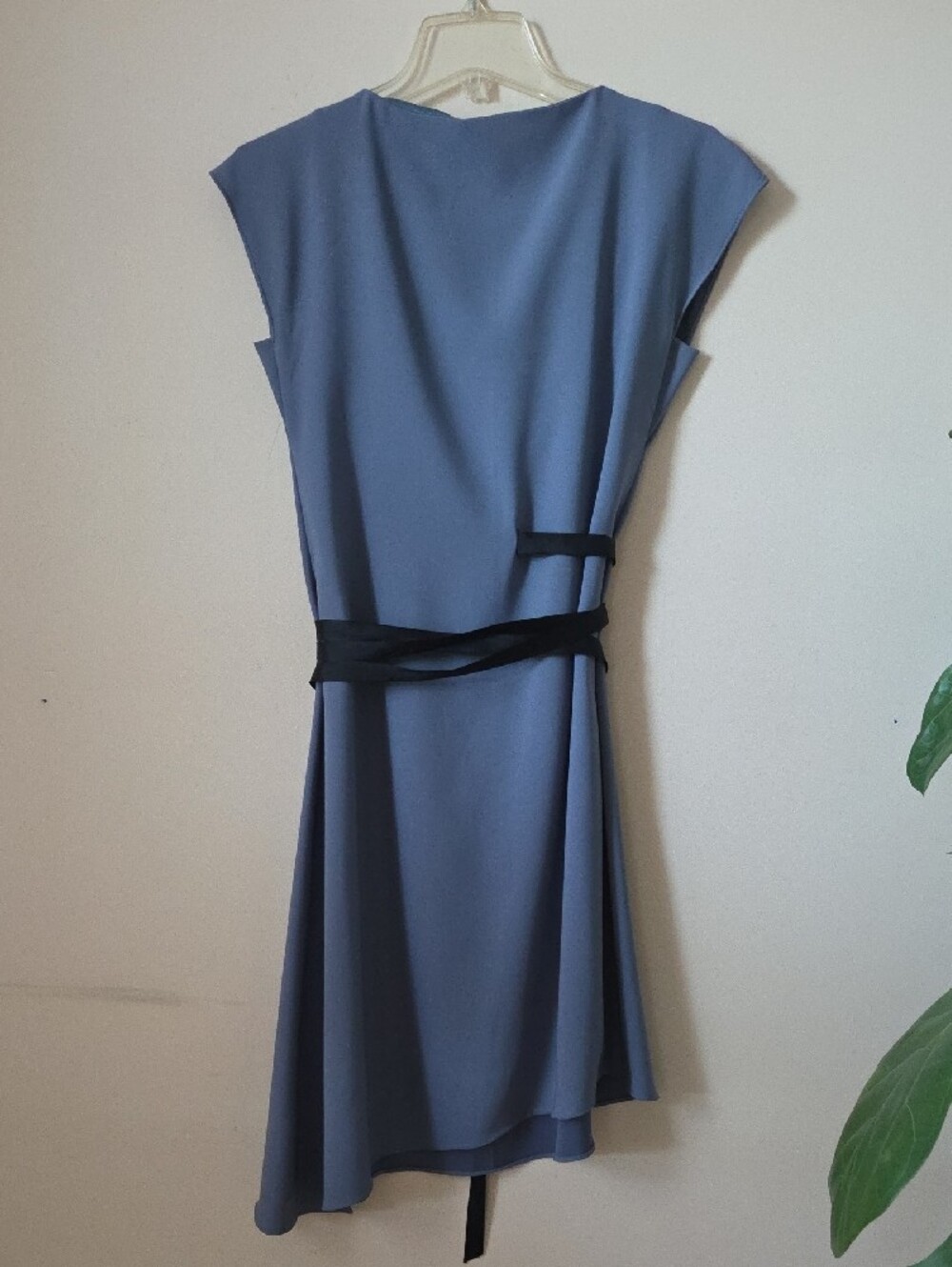 Blue Midi Dress with Black Waist Tie - Picture 4 of 7